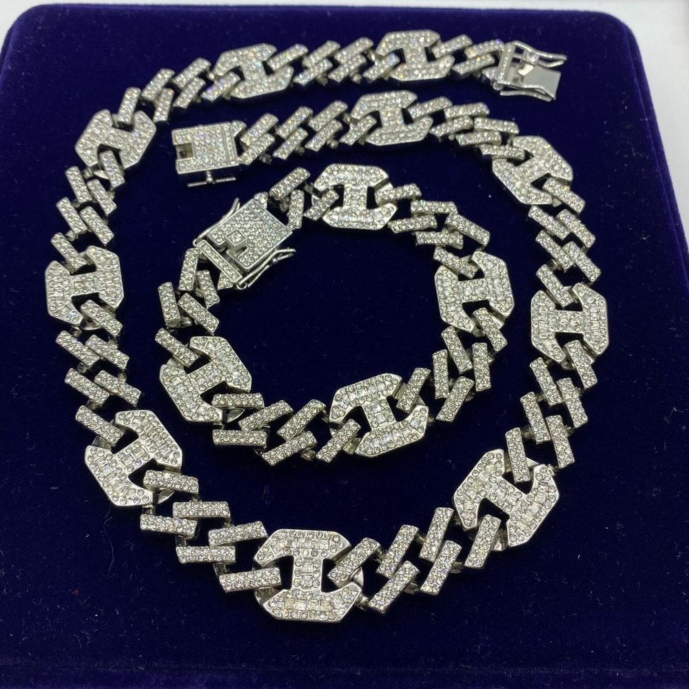 Iced Out Prong Cuban Link Chain  Necklace Bracelet SET
